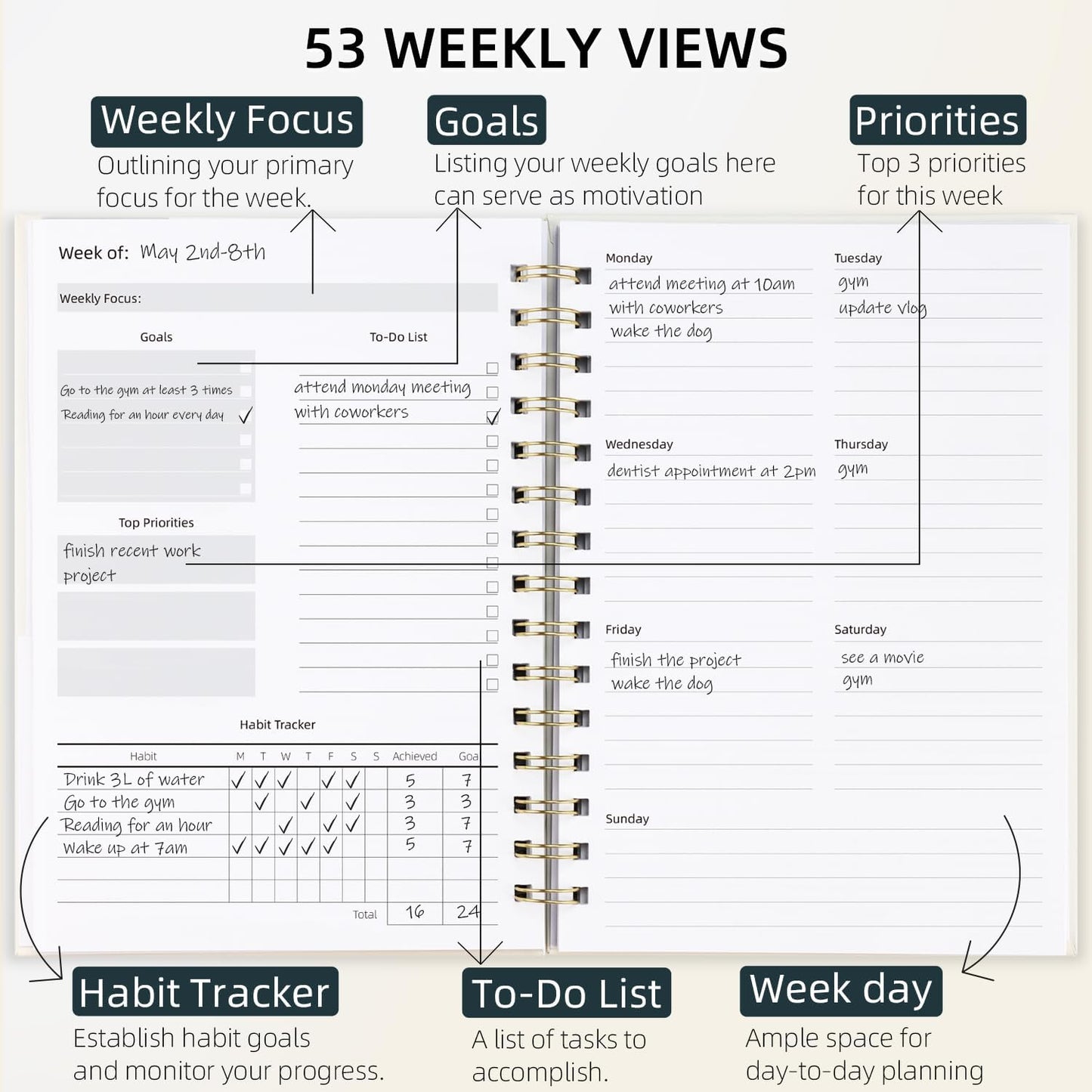 Minimalistic Weekly and Monthly Planner Spiral Bound - Cream