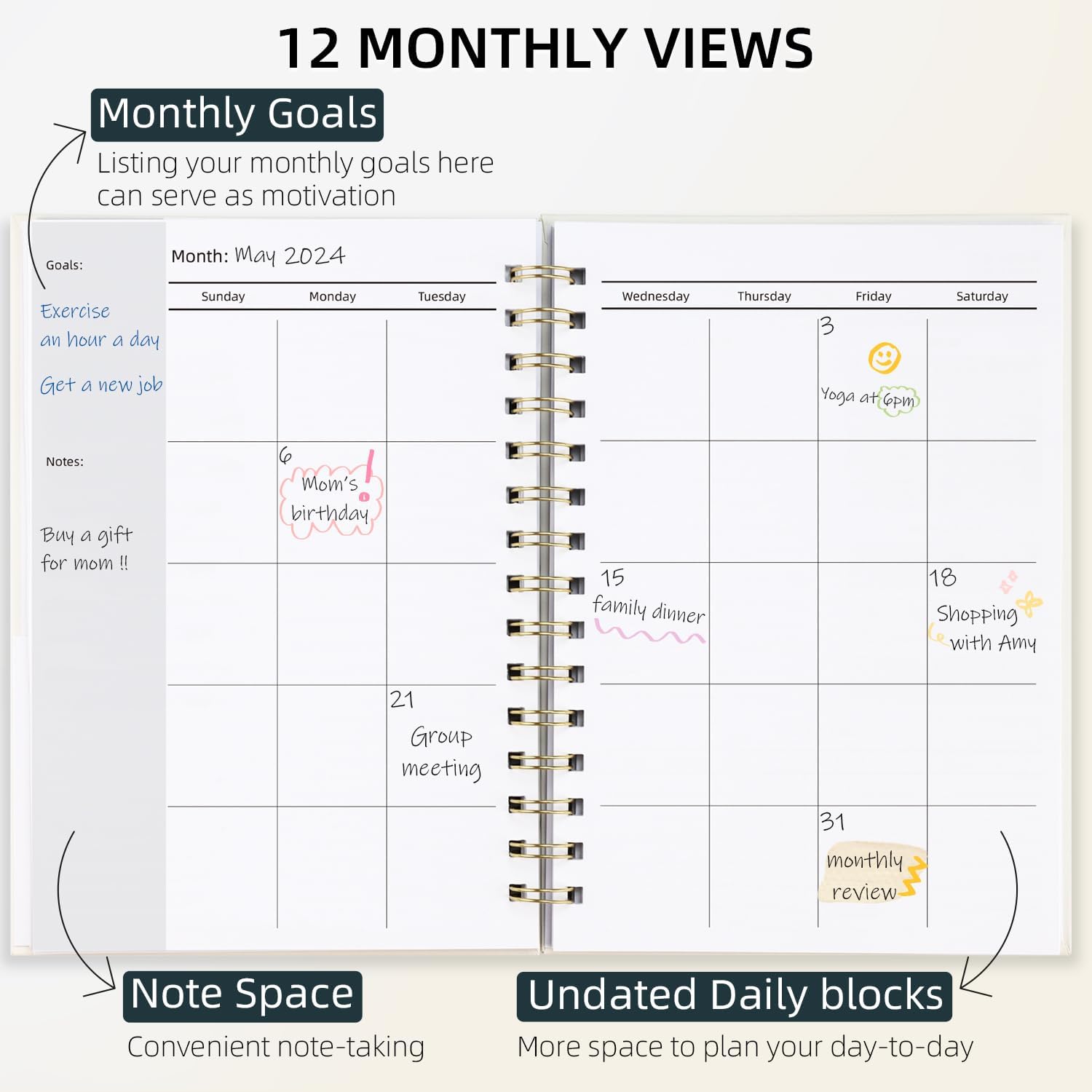 Minimalistic Weekly and Monthly Planner Spiral Bound - Cream